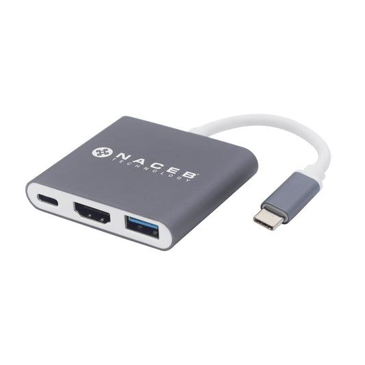 Adaptador Tipo C a HDMI + USB 3.0 + PD Marca Naceb Technology NA-0111 Plata - Escolar Express