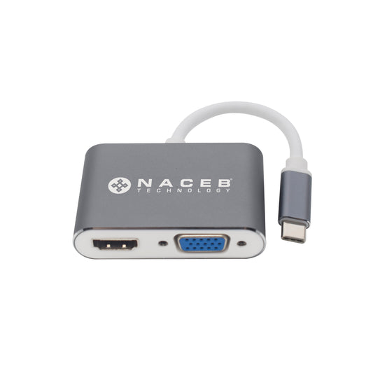 Adaptador Tipo C a HDMI+VGA Marca Naceb Technology NA-0113 Plata - Escolar Express